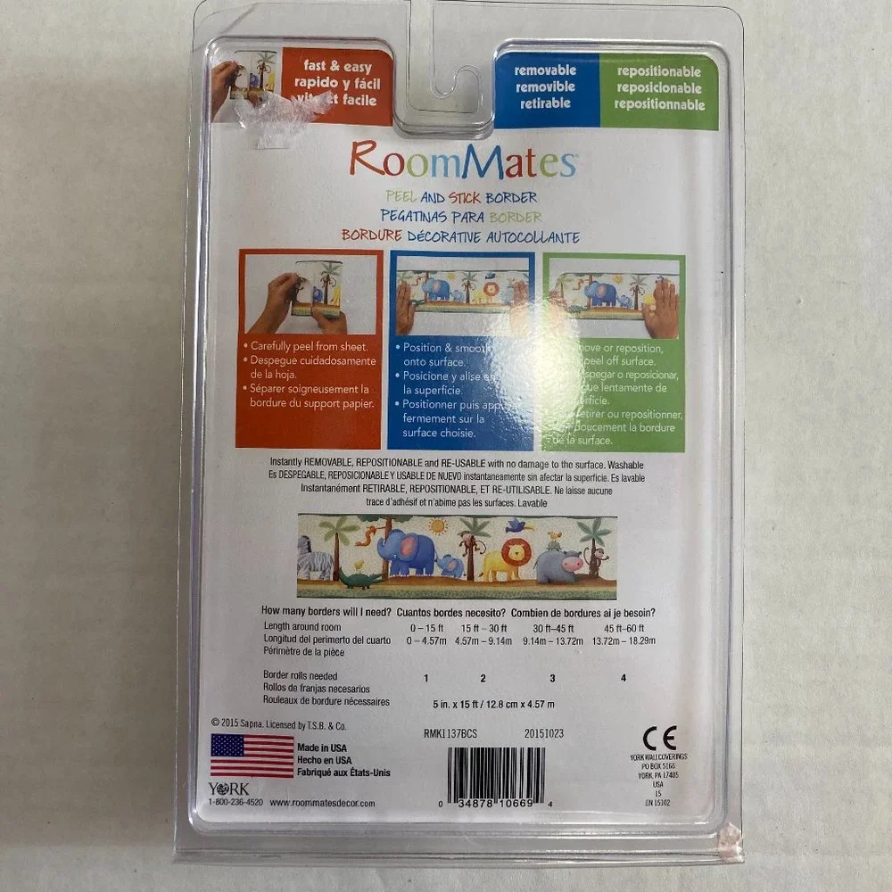 NWT RoomMates Peel & Stick Border Jungle Animals New 5 in x 15 ft Multicolor